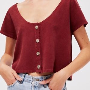 lacausa reversible raw silk button up crop top